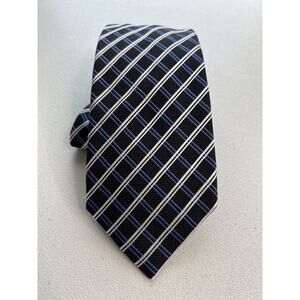 Hathaway Hand Made Black with White and Blue Striped 100% Silk Designer Tie